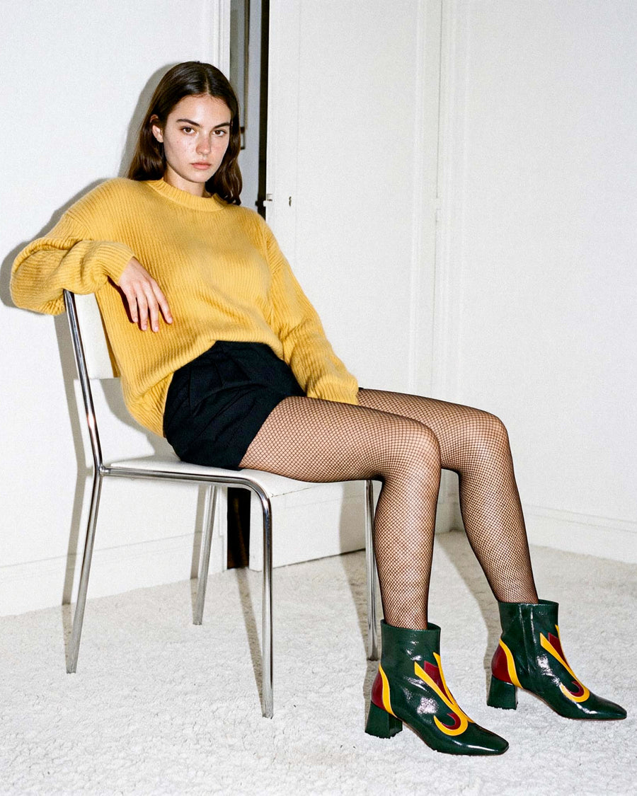 Vinny - Cuir Verni Frelon Vert, Jaune & Bordeaux